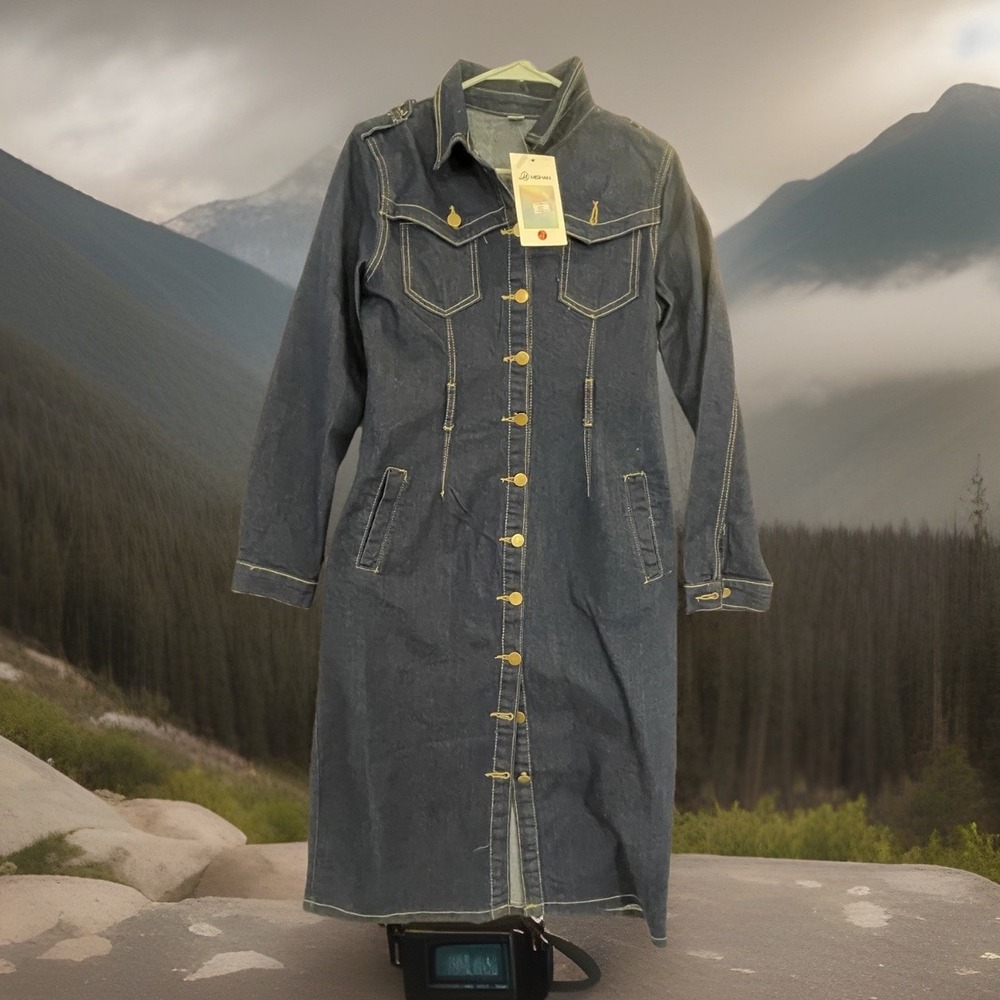 Mishan Coat Women XL Blue Denim DRESS Long Button Front Western Pockets READ